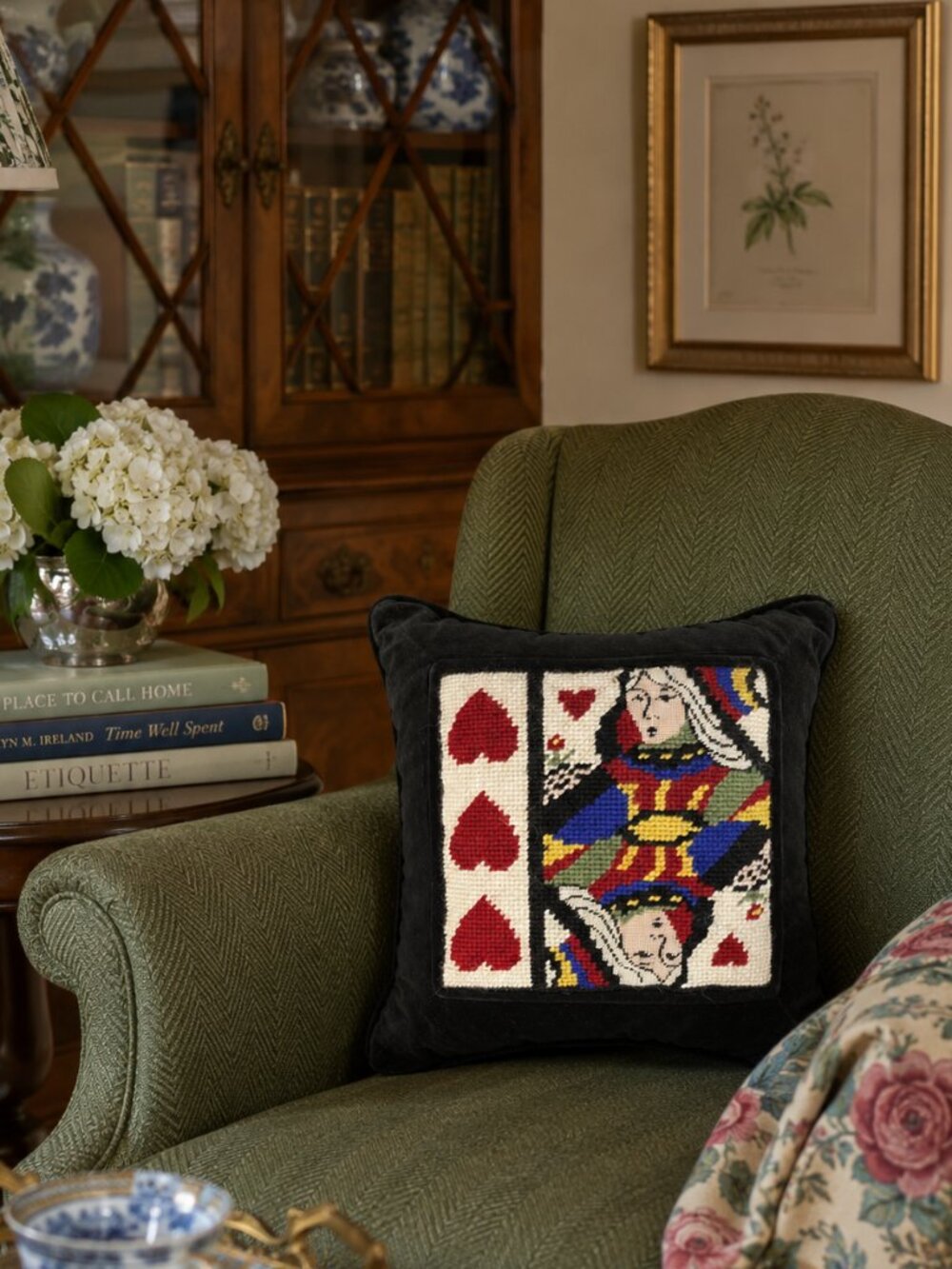 Vintage Queen of Hearts Needlepoint Throw Pillow Velvet Playing Card Accent